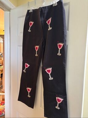 Black Pants with Pink Cocktail Glass Appliqués